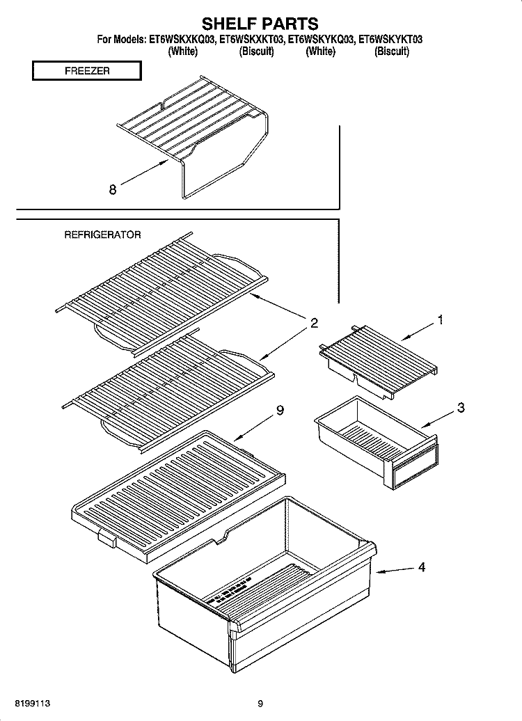 SHELF PARTS, OPTIONAL PARTS Diagram and Parts List for ET6WSKYKQ03  Whirlpool Refrigerator