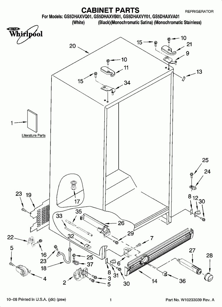 CABINET PARTS Diagram and Parts List for GS5DHAXVY01  Whirlpool Refrigerator