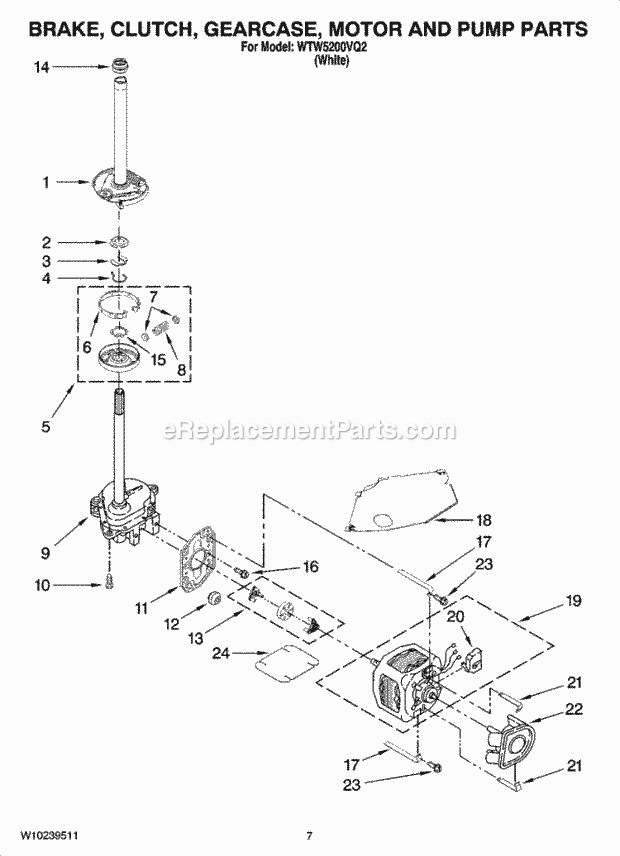 BRAKE, CLUTCH, GEARCASE, MOTOR AND PUMP PARTS Diagram and Parts List for  Whirlpool Washer