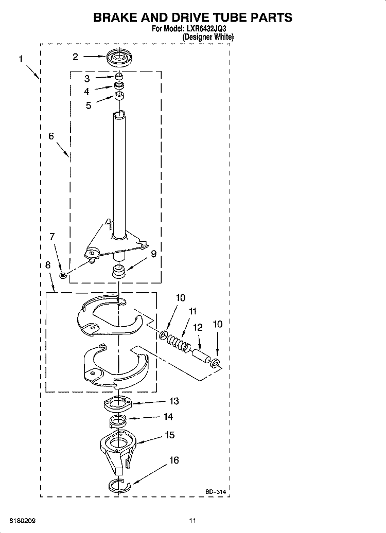BRAKE AND DRIVE TUBE PARTS Diagram and Parts List for  Whirlpool Washer
