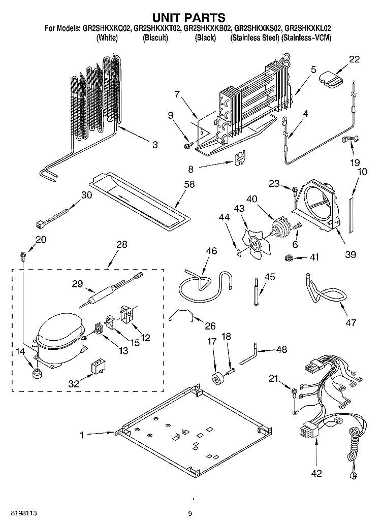 UNIT Diagram and Parts List for GR2SHKXKS02  Whirlpool Refrigerator