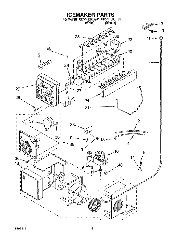 ICEMAKER Diagram and Parts List for GD5NHGXLT01  Whirlpool Refrigerator