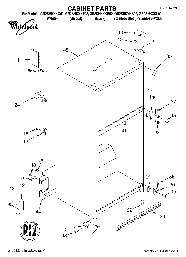 CABINET, LITERATURE Diagram and Parts List for GR2SHKXKS02  Whirlpool Refrigerator