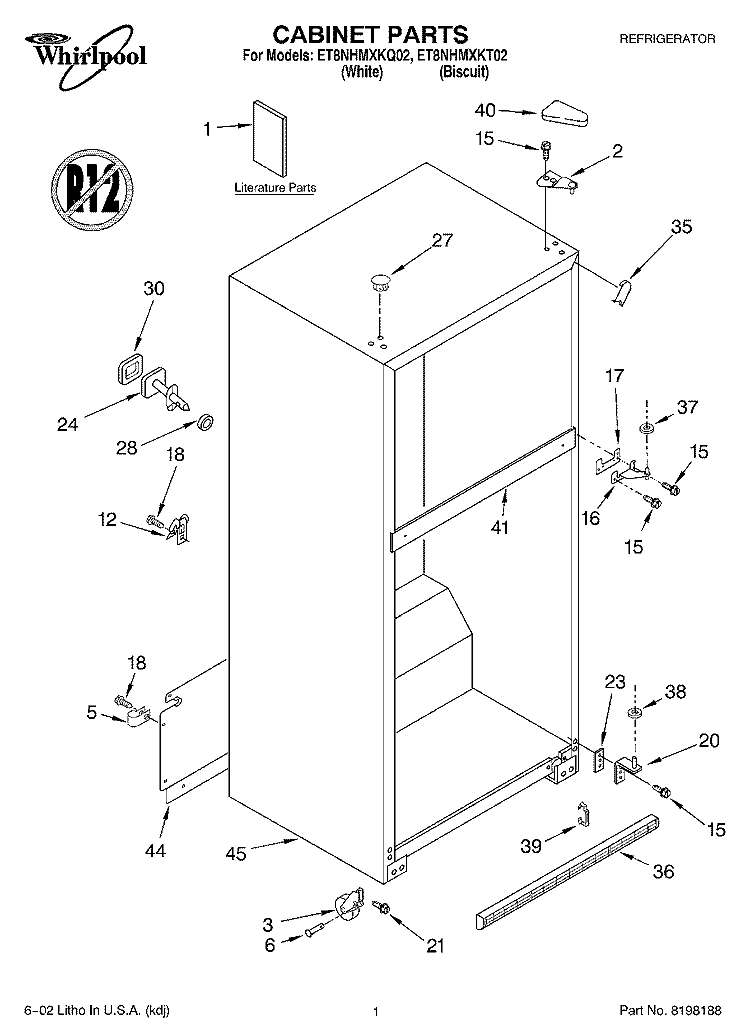 CABINET, LITERATURE Diagram and Parts List for ET8NHMXKT02  Whirlpool Refrigerator