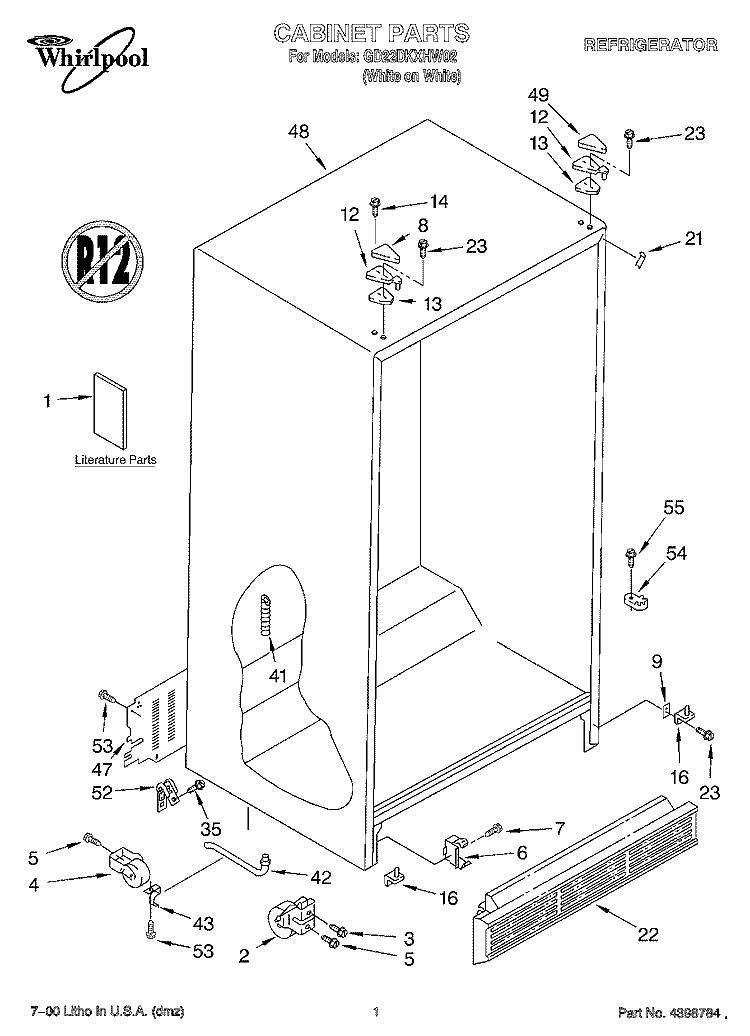 CABINET, LITERATURE Diagram and Parts List for GD22DKXHW02  Whirlpool Refrigerator