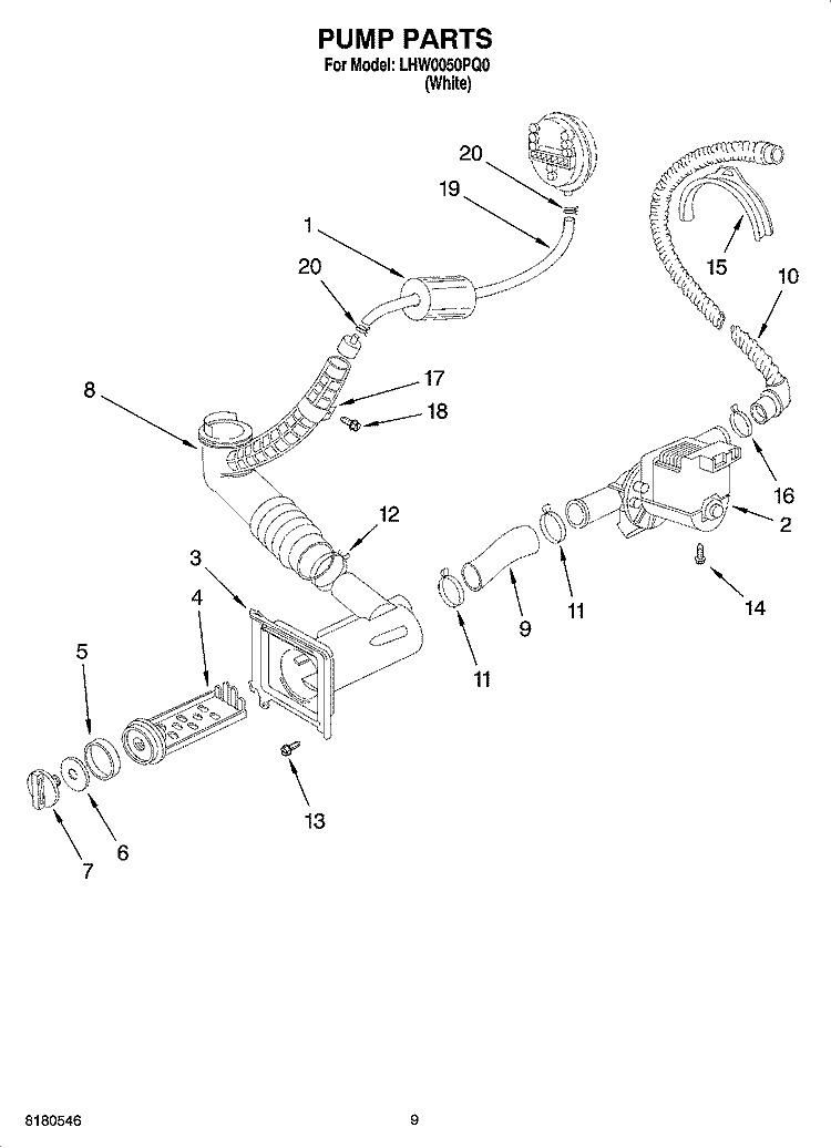 PUMP PARTS, OPTIONAL PARTS (NOT INCLUDED) Diagram and Parts List for  Whirlpool Washer