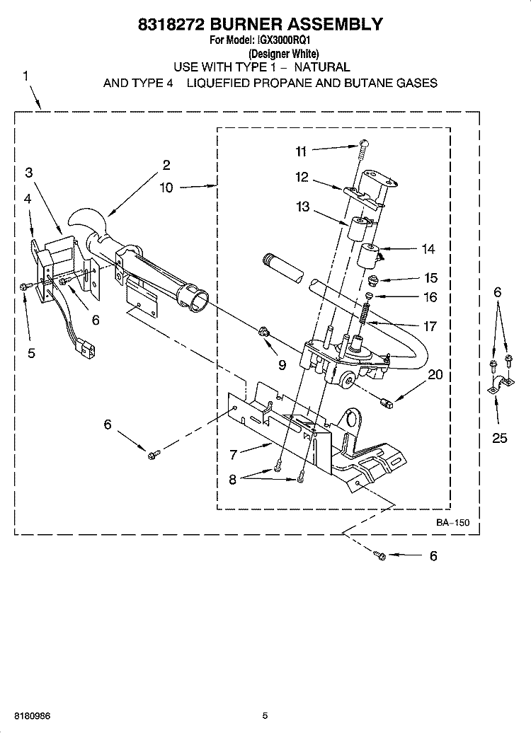 8318272 BURNER ASSEMBLY Diagram and Parts List for  Inglis Dryer