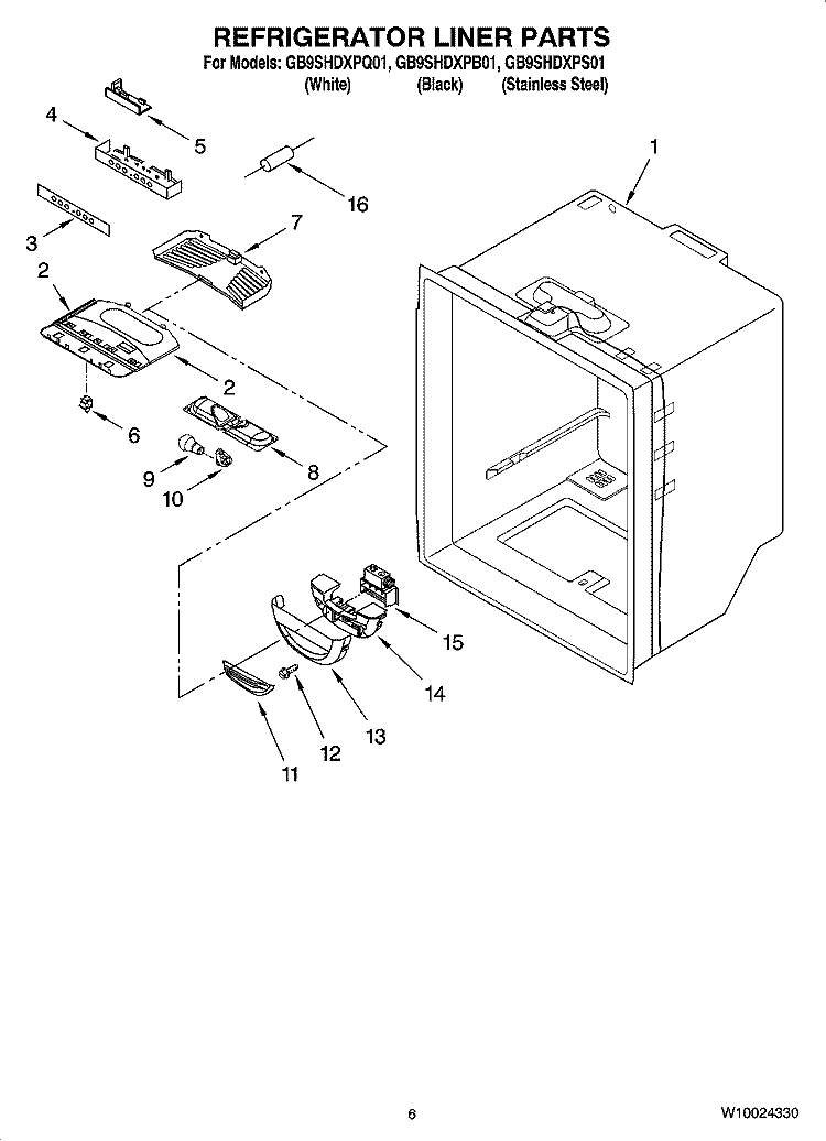REFRIGERATOR LINER PARTS Diagram and Parts List for GB9SHDXPB01  Whirlpool Refrigerator
