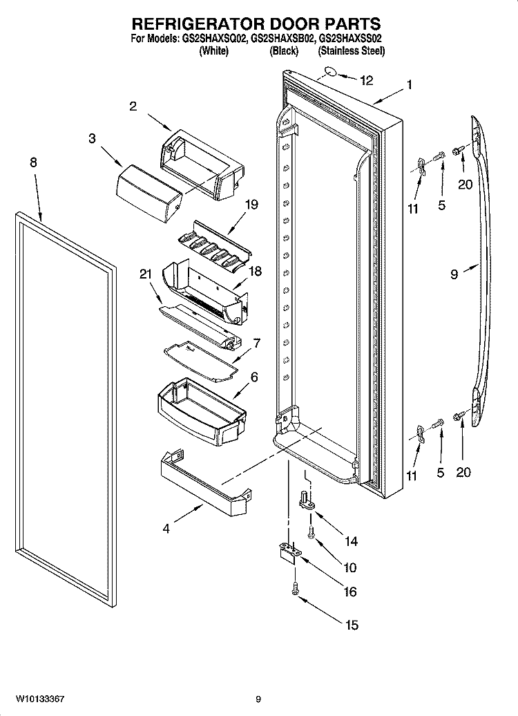 REFRIGERATOR DOOR PARTS Diagram and Parts List for GS2SHAXSQ02  Whirlpool Refrigerator