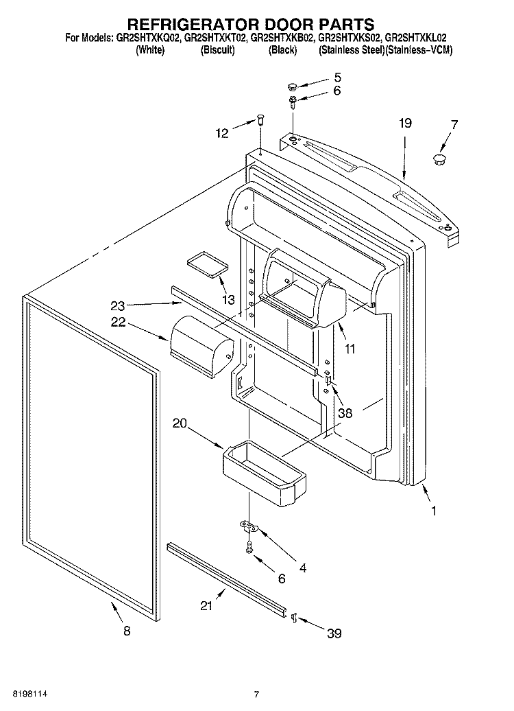 REFRIGERATOR DOOR Diagram and Parts List for GR2SHTXKS02  Whirlpool Refrigerator