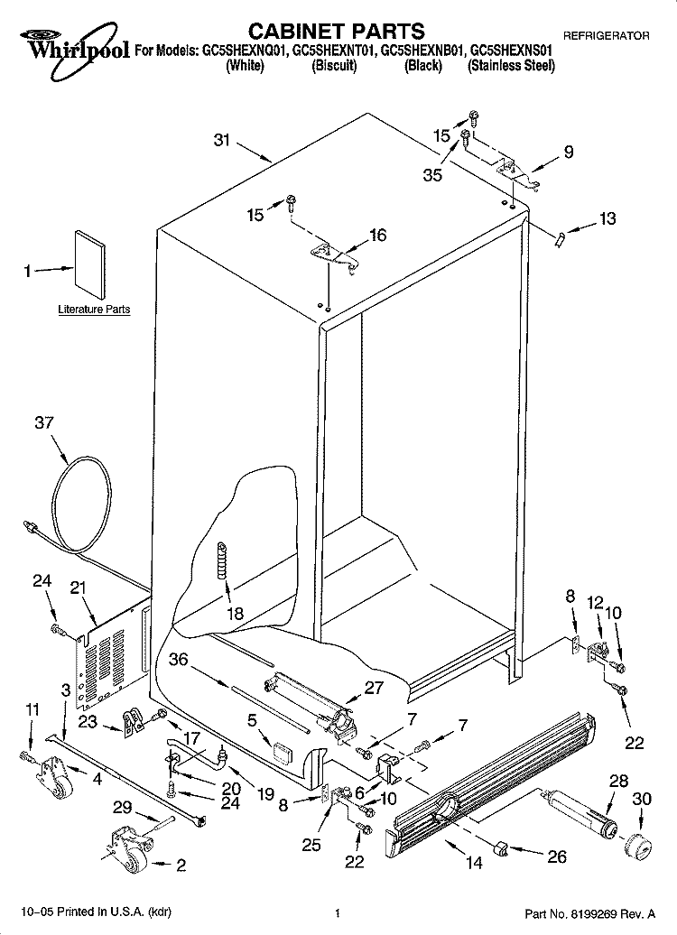 CABINET PARTS Diagram and Parts List for GC5SHEXNB01  Whirlpool Refrigerator