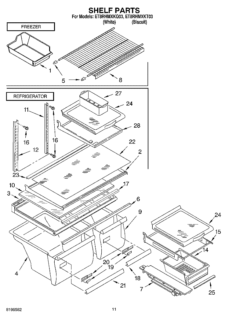 SHELF PARTS, OPTIONAL PARTS Diagram and Parts List for ET8RHMXKQ03  Whirlpool Refrigerator
