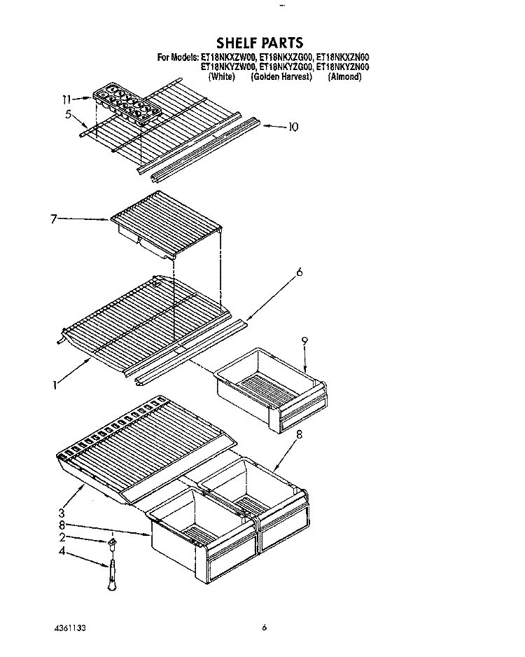 SHELF Diagram and Parts List for ET18NKYZN00  Whirlpool Refrigerator