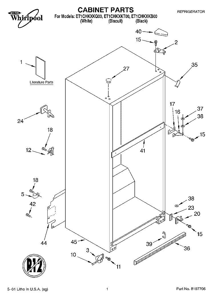 CABINET, LITERATURE Diagram and Parts List for ET1CHKXKT00  Whirlpool Refrigerator