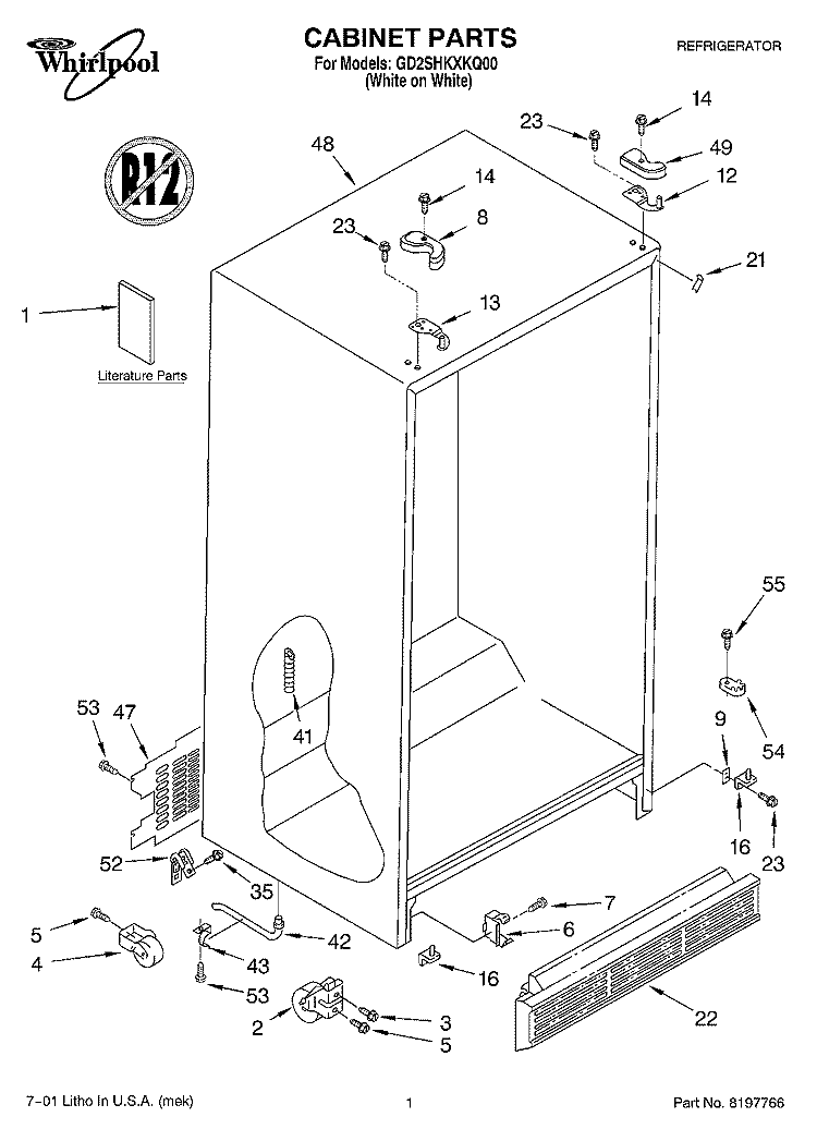 CABINET, LITERATURE Diagram and Parts List for GD2SHKXKQ00  Whirlpool Refrigerator
