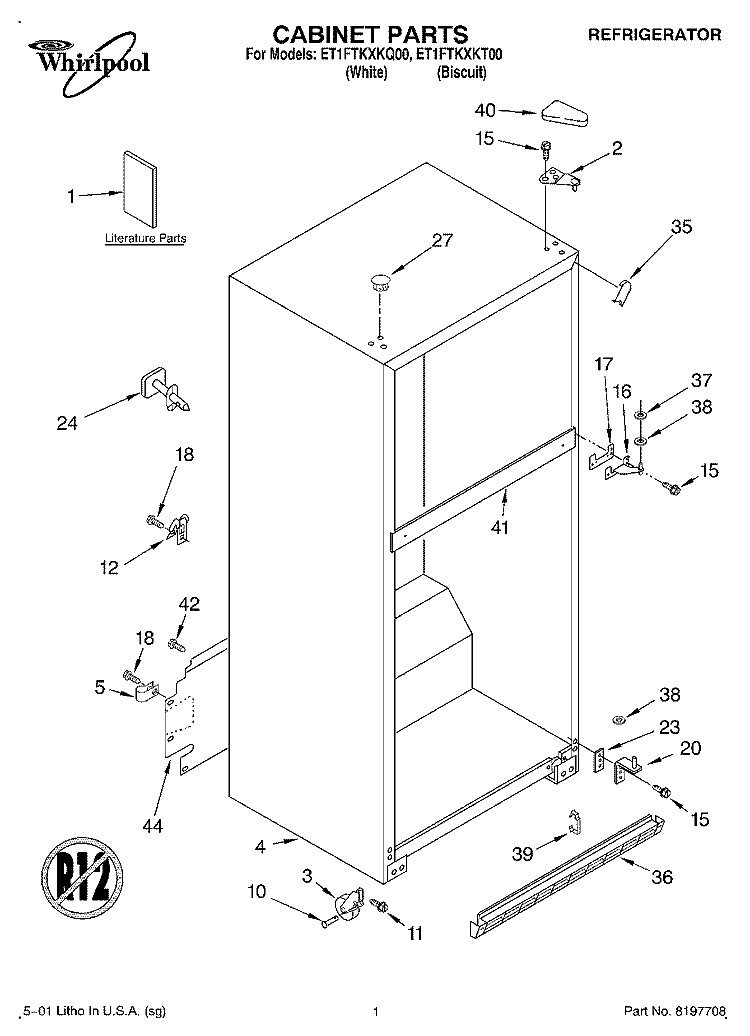 CABINET, LITERATURE Diagram and Parts List for ET1FTKXKT00  Whirlpool Refrigerator