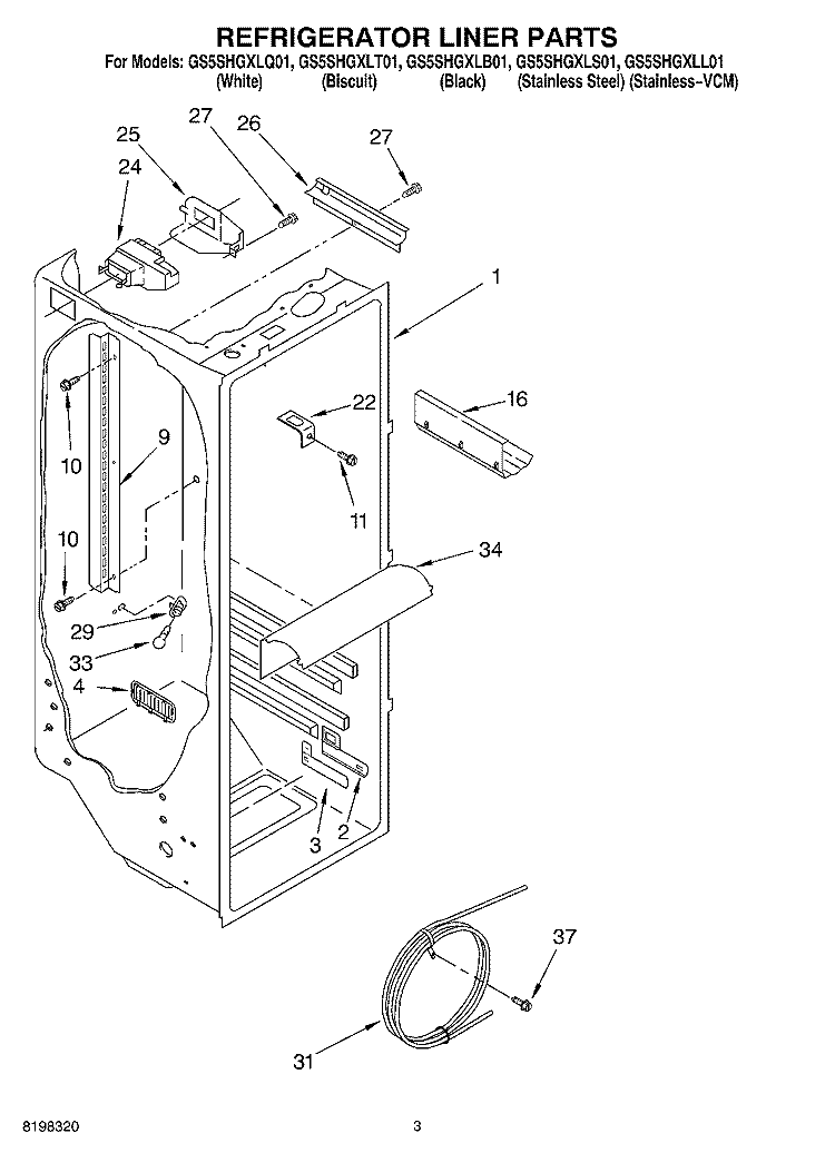 REFRIGERATOR LINER PARTS Diagram and Parts List for GS5SHGXLT01  Whirlpool Refrigerator