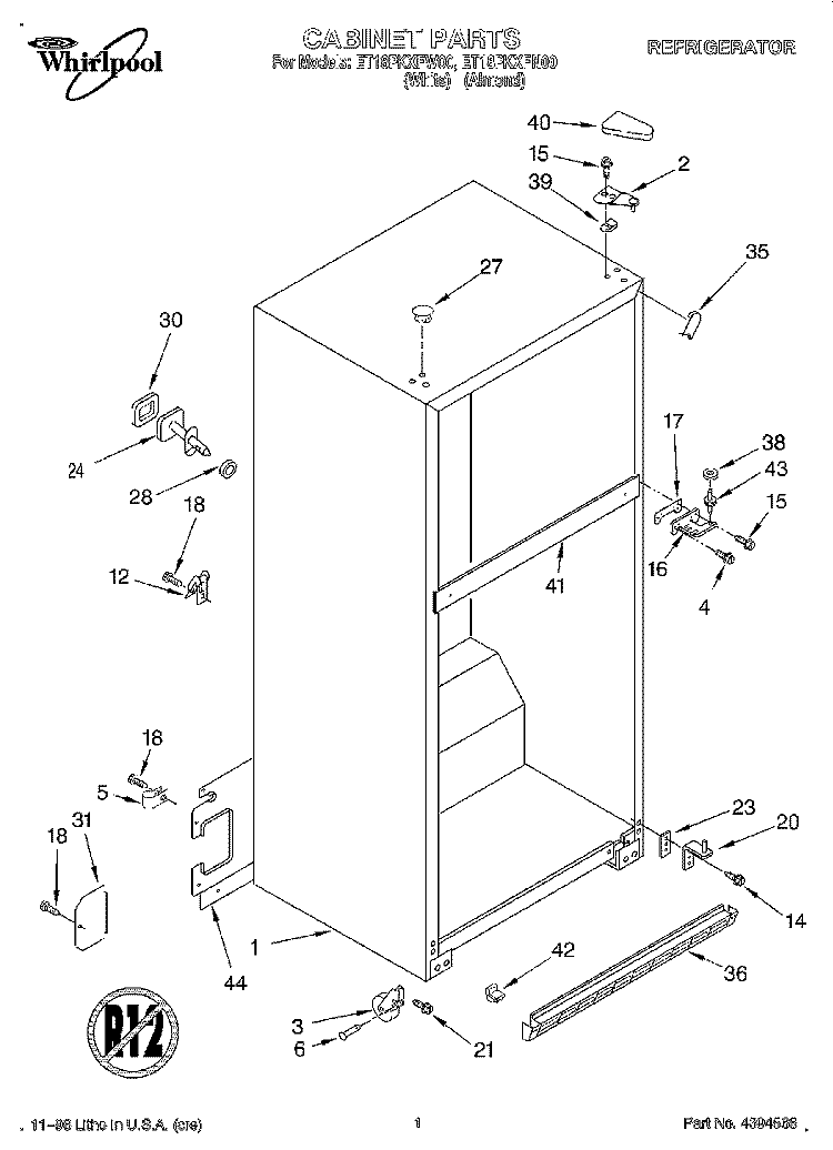 CABINET Diagram and Parts List for ET18PKXFN00  Whirlpool Refrigerator