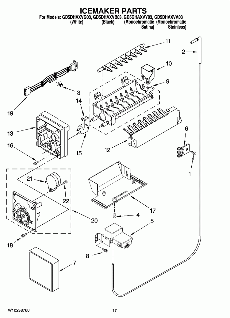 ICEMAKER PARTS Diagram and Parts List for GD5DHAXVB03  Whirlpool Refrigerator