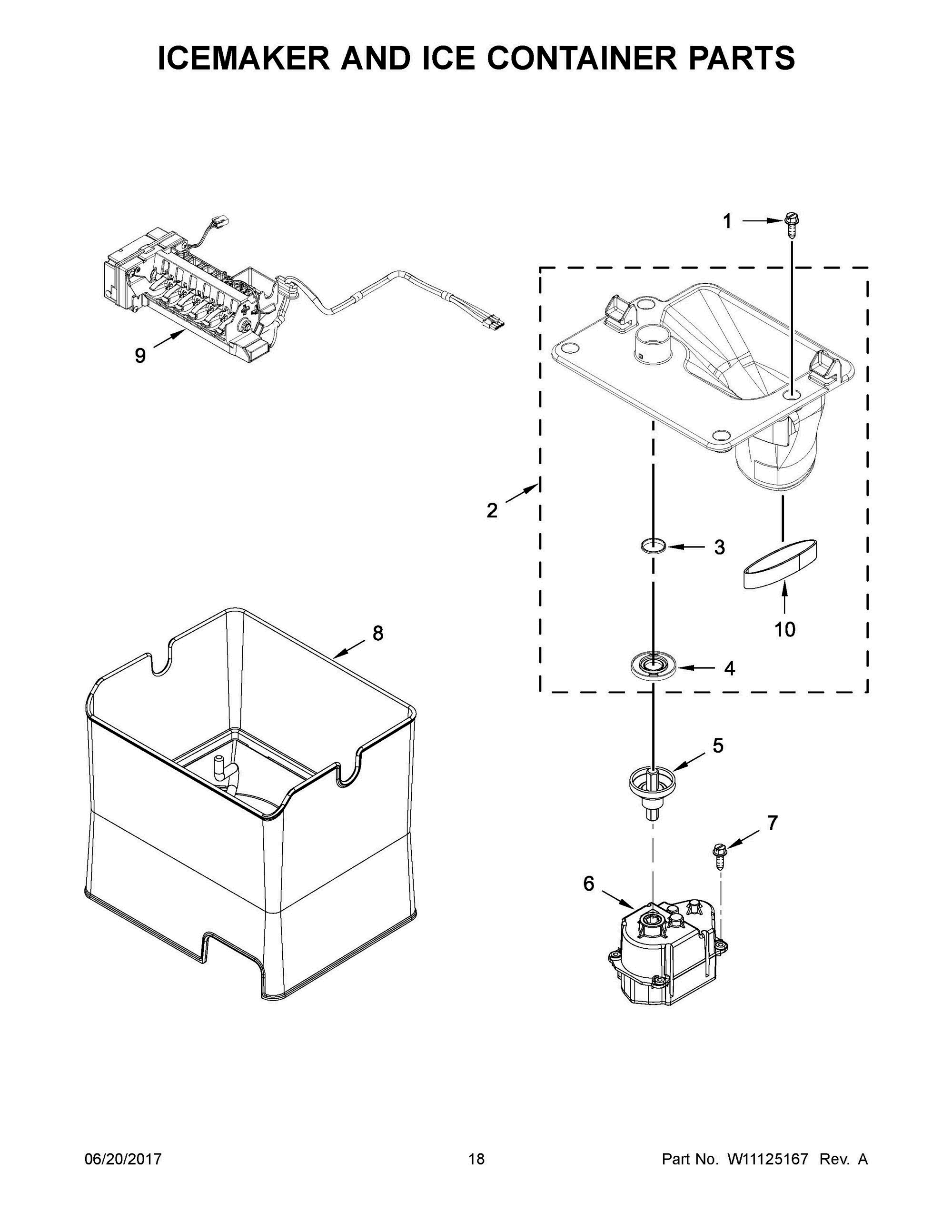 10 - ICEMAKER AND ICE CONTAINER PARTS Diagram and Parts List for  Whirlpool Refrigerator