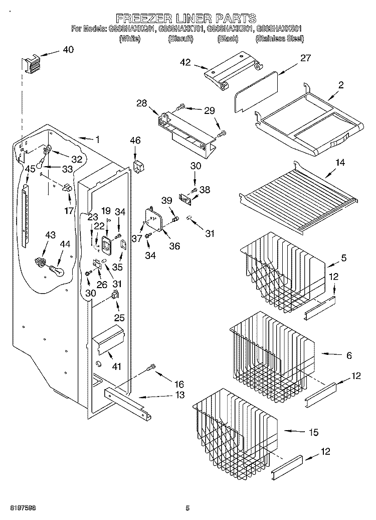 FREEZER LINER Diagram and Parts List for GS6SHAXKQ01  Whirlpool Refrigerator