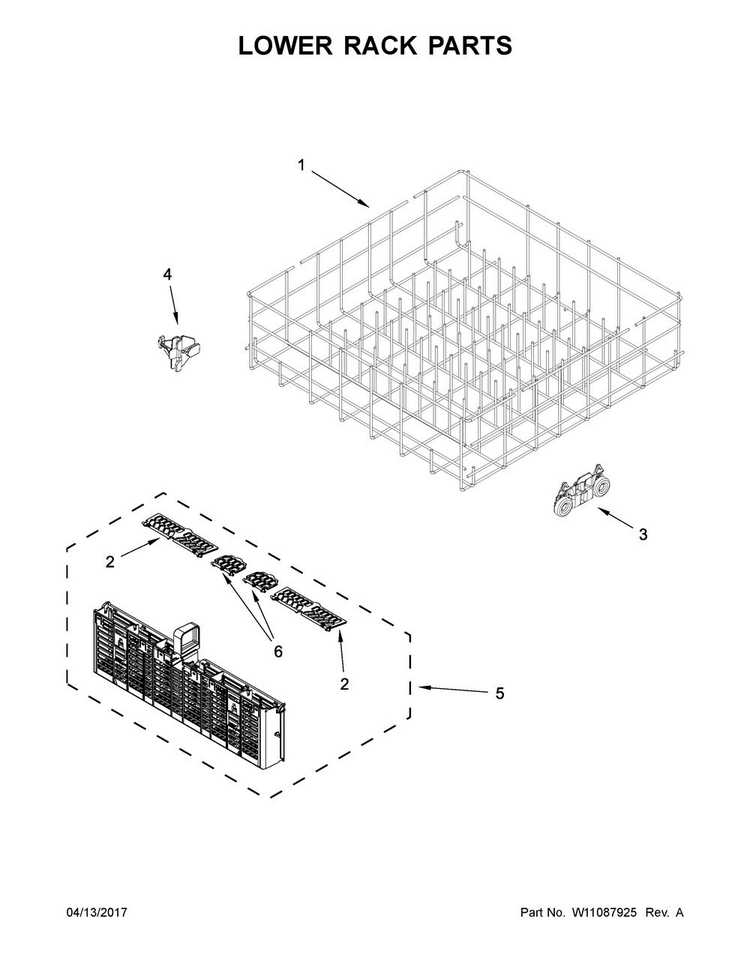 Lower Rack Parts Diagram and Parts List for  Whirlpool Dishwasher