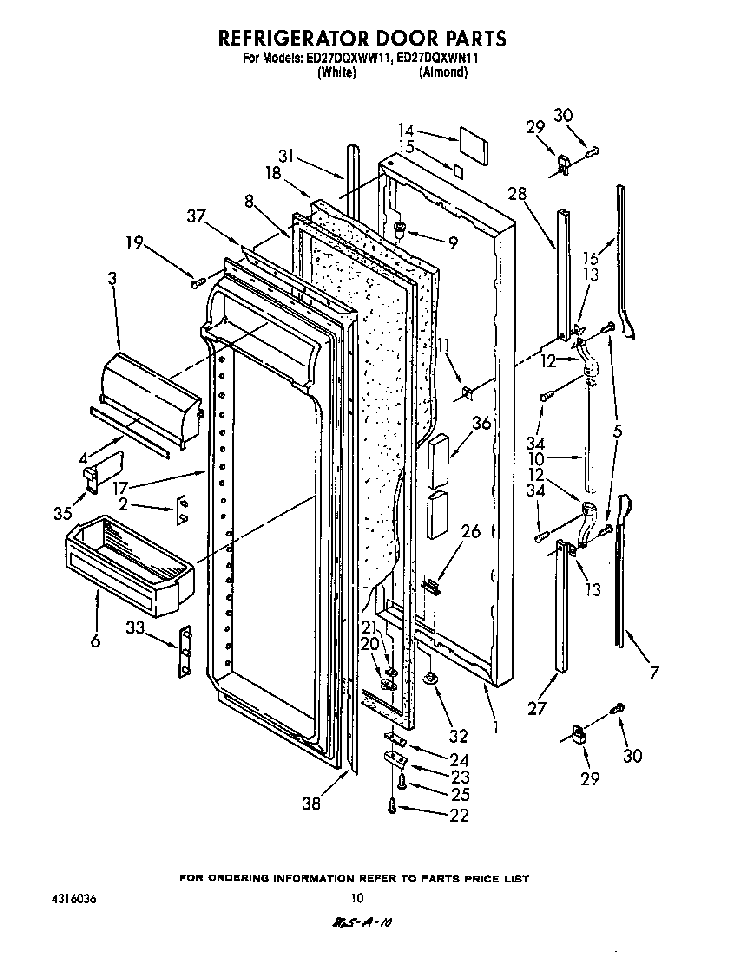 Refrigerator Door Diagram and Parts List for ED27DQZWN11  Whirlpool Refrigerator