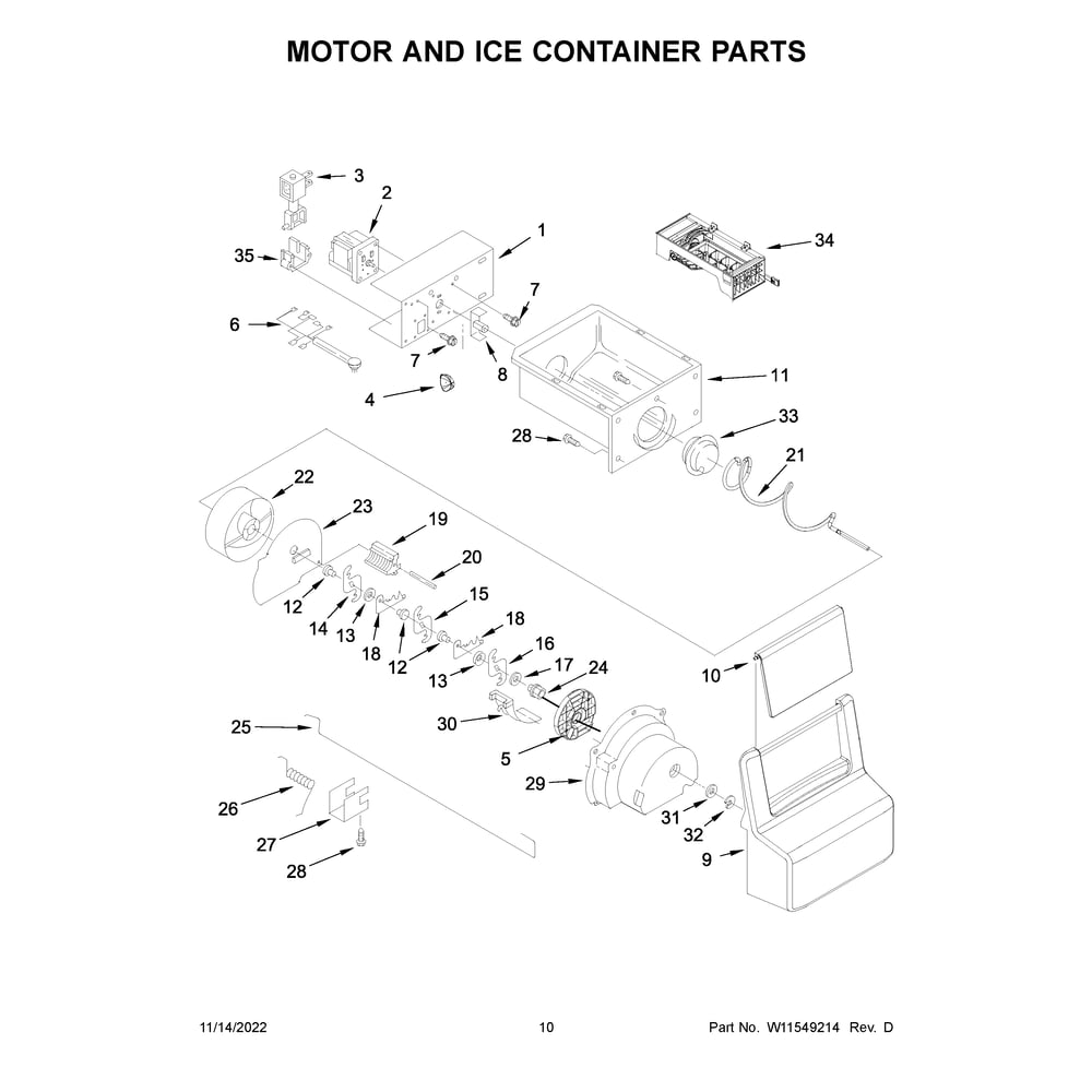 Motor And Ice Container Parts Diagram and Parts List for  Whirlpool Refrigerator