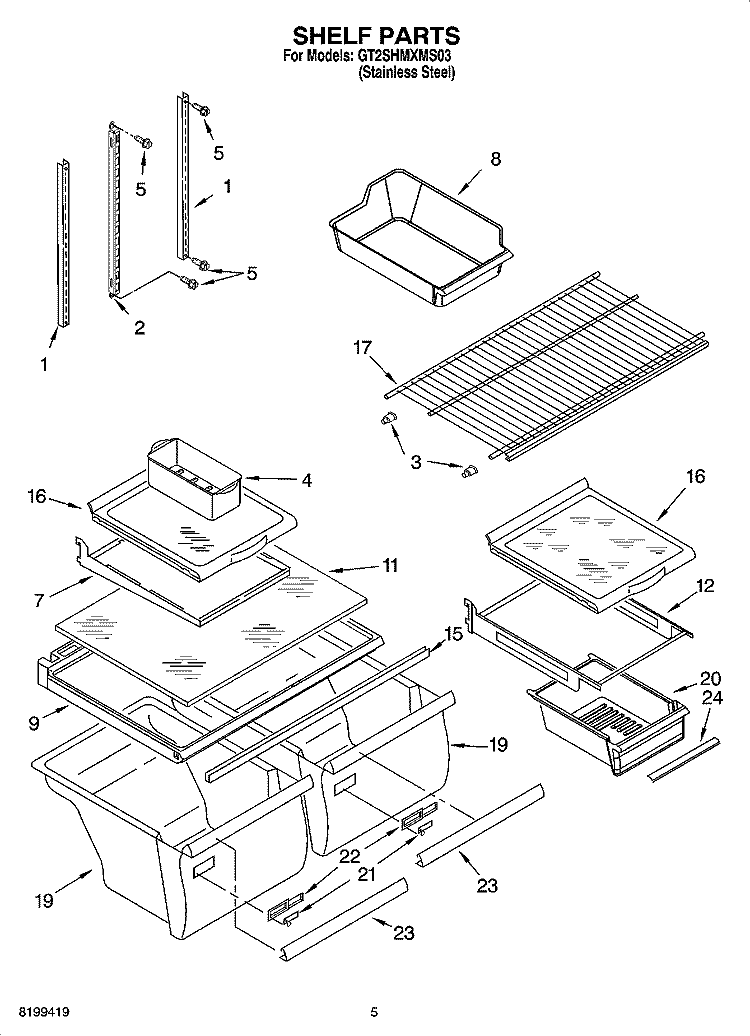 SHELF PARTS Diagram and Parts List for GT2SHMXMS03  Whirlpool Refrigerator