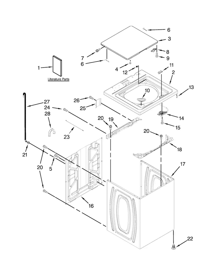 Top And Cabinet Parts Diagram and Parts List for  Whirlpool Washer