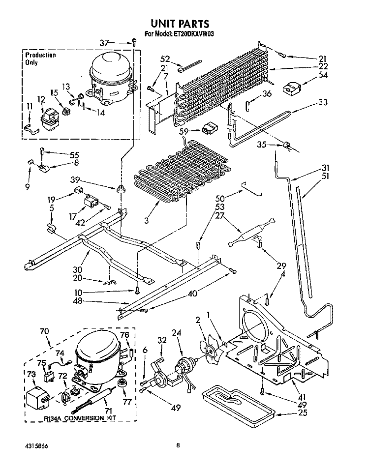 UNIT Diagram and Parts List for ET20DKXVM03  Whirlpool Refrigerator