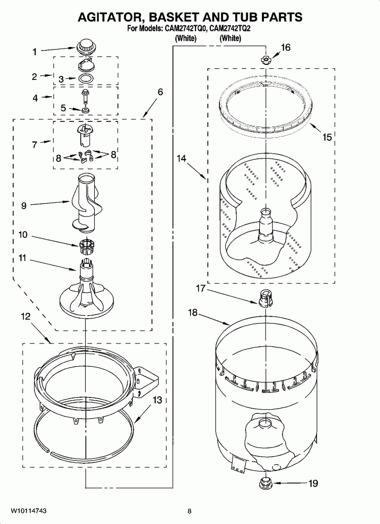AGITATOR, BASKET AND TUB PARTS Diagram and Parts List for  Whirlpool Washer