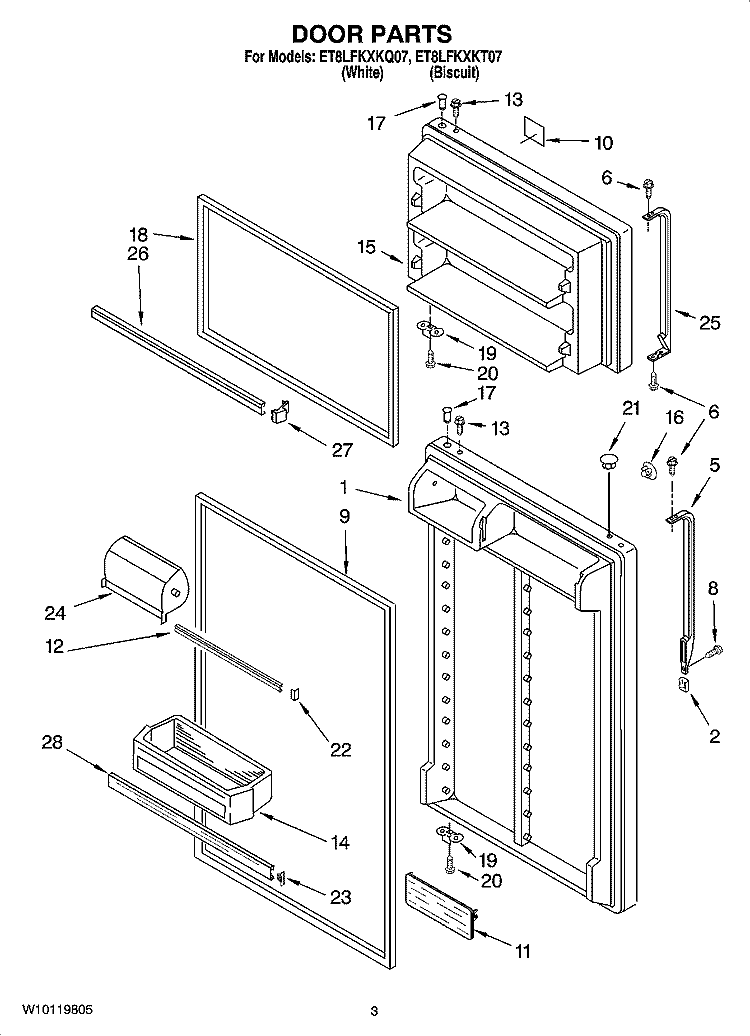 DOOR PARTS Diagram and Parts List for ET8LFKXKT07  Whirlpool Refrigerator