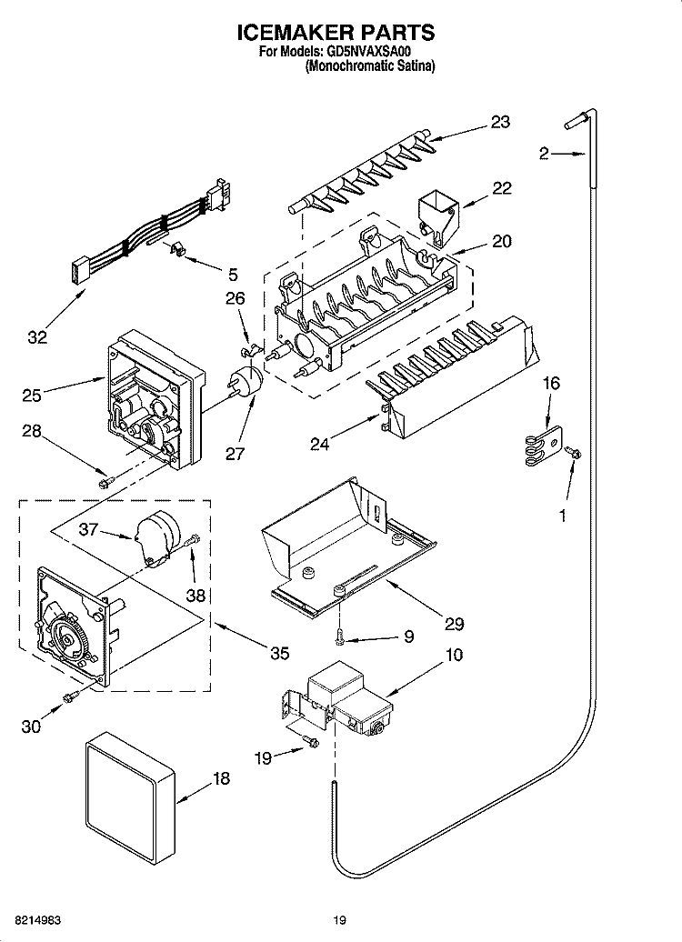 ICEMAKER PARTS, OPTIONAL PARTS (NOT INCLUDED) Diagram and Parts List for GD5NVAXSA00  Whirlpool Refrigerator