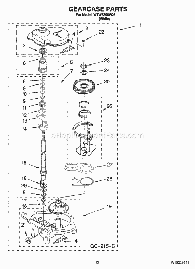GEARCASE PARTS, OPTIONAL PARTS (NOT INCLUDED) Diagram and Parts List for  Whirlpool Washer