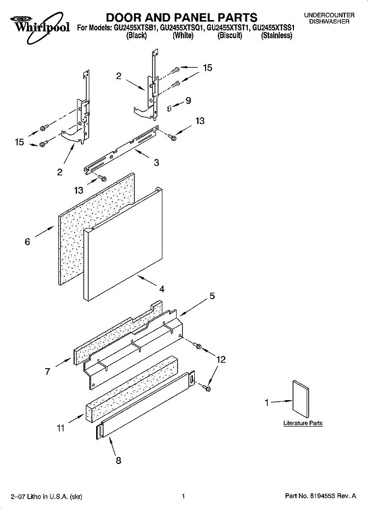 DOOR AND PANEL PARTS Diagram and Parts List for  Whirlpool Dishwasher