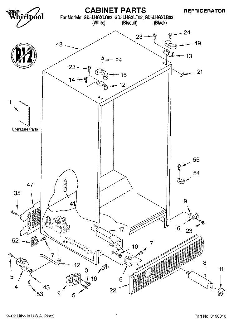 CABINET, LITERATURE Diagram and Parts List for GD5LHGXLB02  Whirlpool Refrigerator