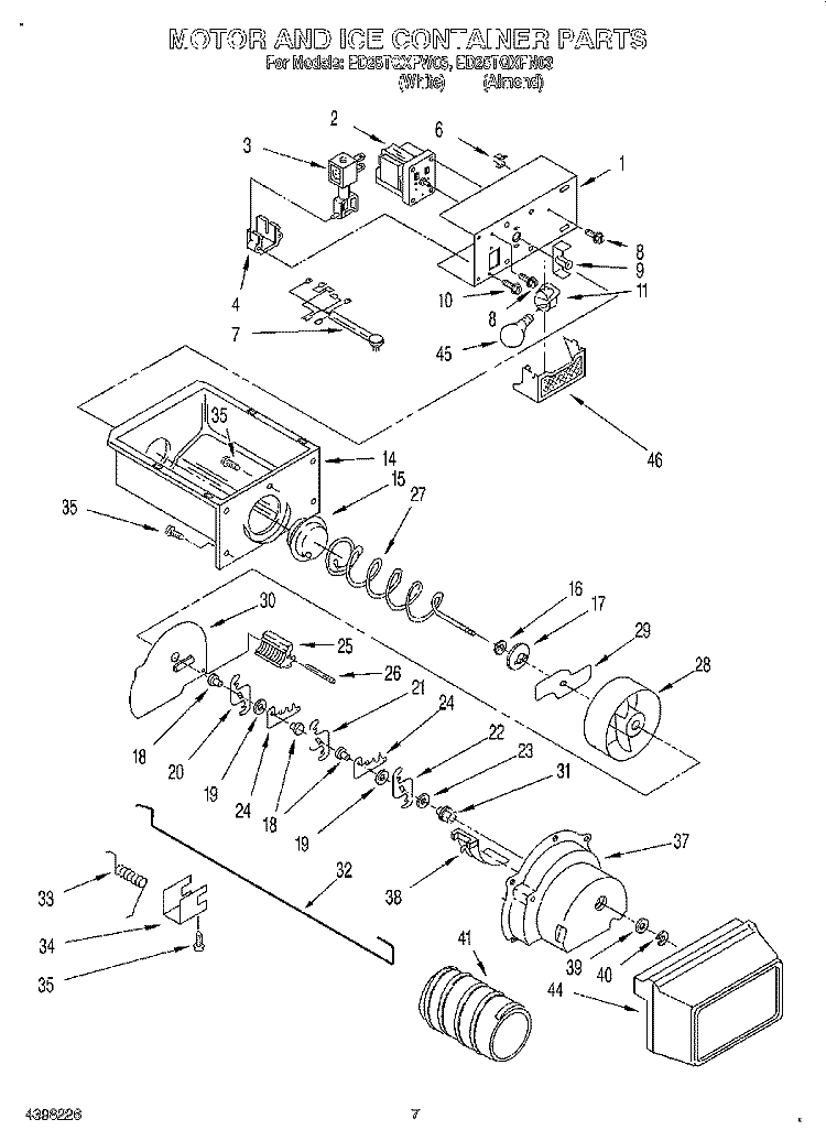 MOTOR AND ICE CONTAINER Diagram and Parts List for ED25TQXFW03  Whirlpool Refrigerator