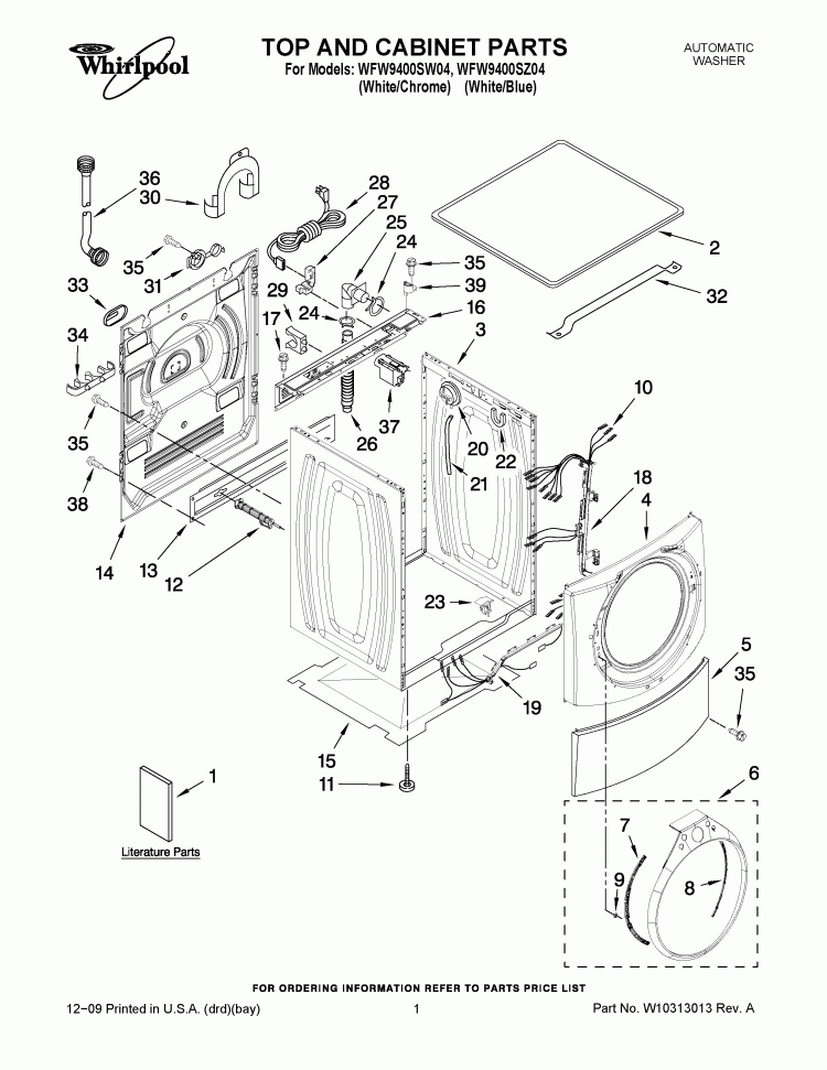 TOP AND CABINET PARTS Diagram and Parts List for  Whirlpool Washer
