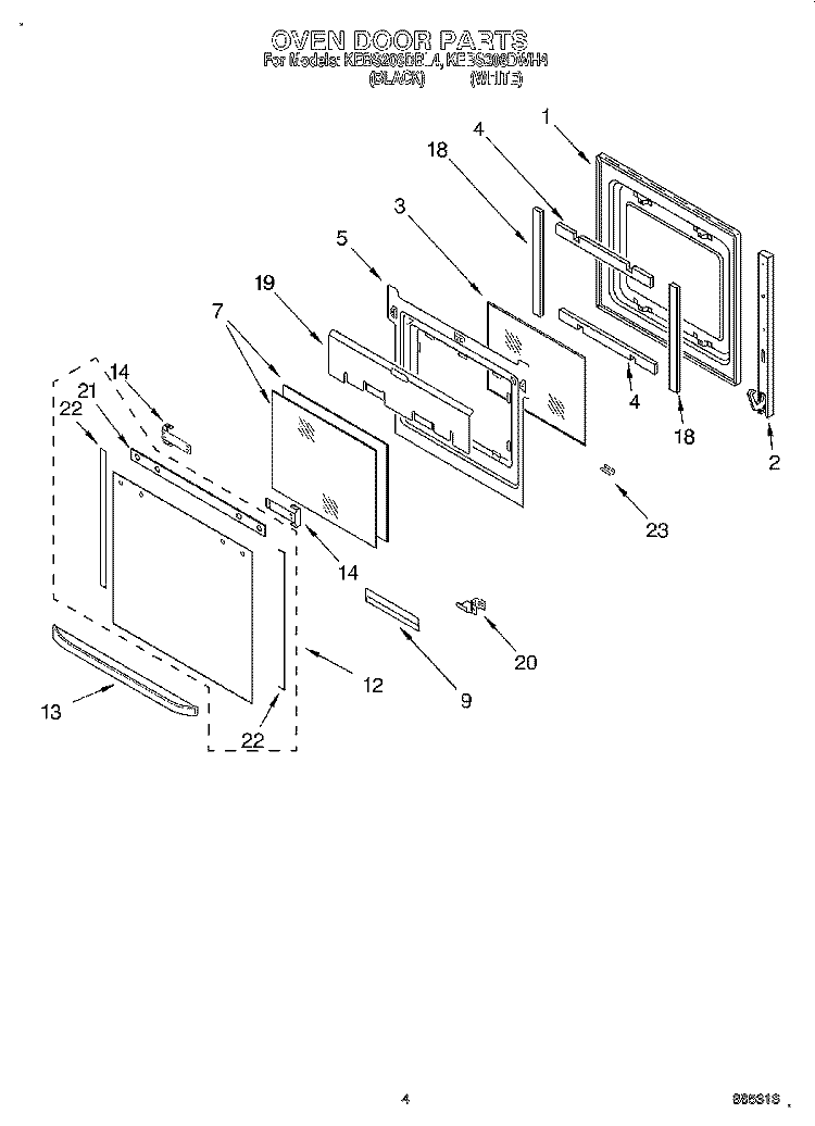 OVEN DOOR Diagram and Parts List for KEBS208DWH4  KitchenAid Wall Oven