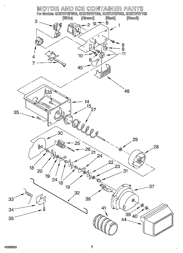 MOTOR AND ICE CONTAINER Diagram and Parts List for GD27DFXFT03  Whirlpool Refrigerator
