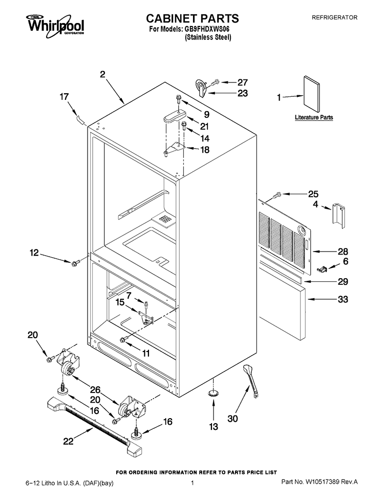 CABINET PARTS Diagram and Parts List for GB9FHDXWS06  Whirlpool Refrigerator