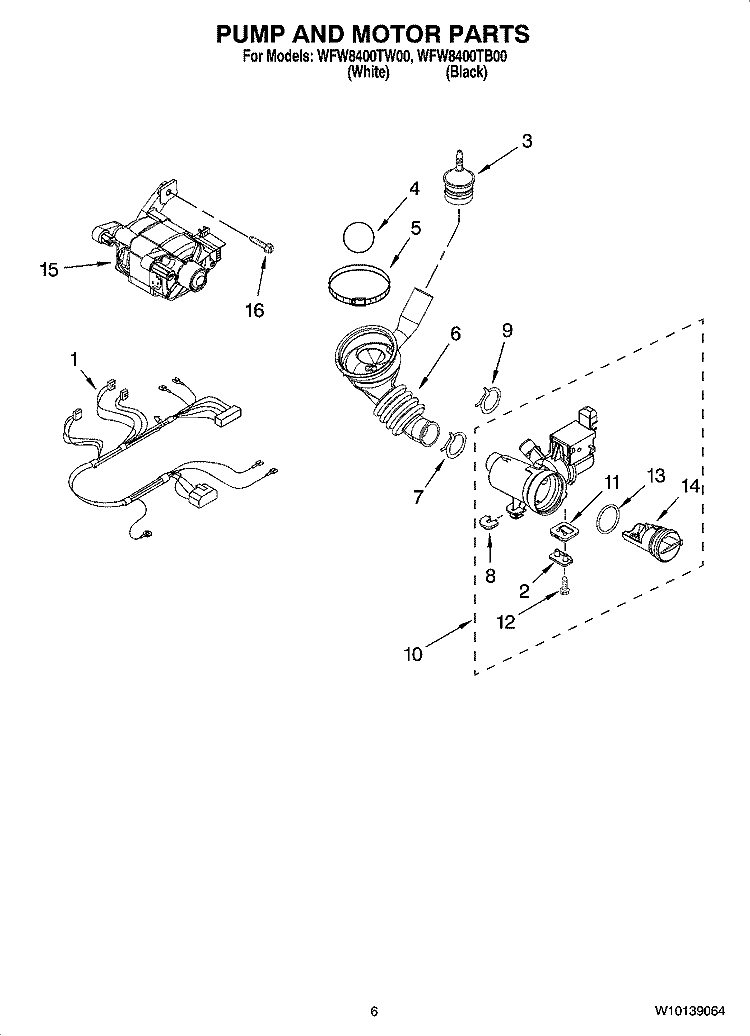 PUMP AND MOTOR PARTS Diagram and Parts List for  Whirlpool Washer
