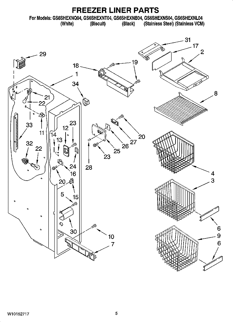 FREEZER LINER PARTS Diagram and Parts List for GS6SHEXNQ04  Whirlpool Refrigerator