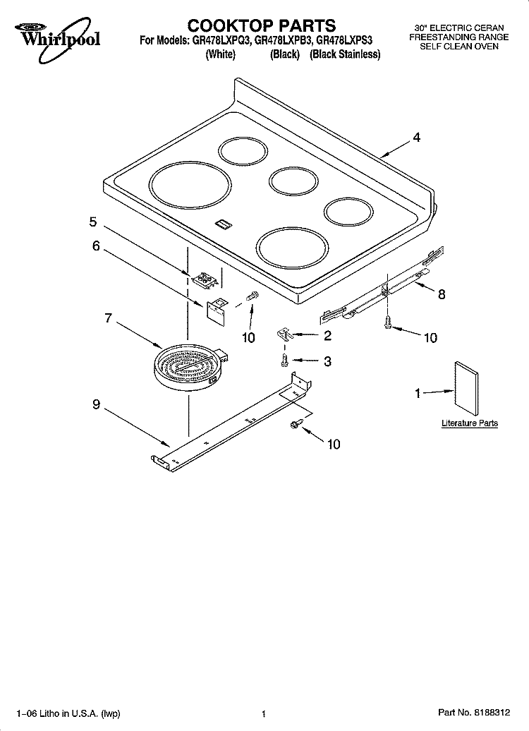 COOKTOP PARTS Diagram and Parts List for  Whirlpool Range