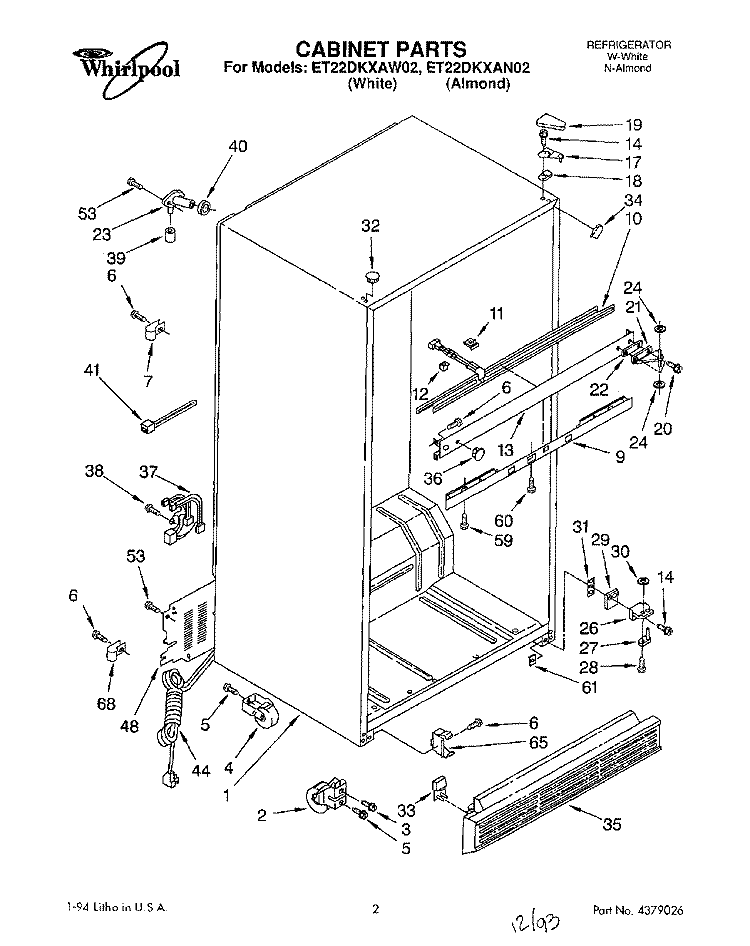 CABINET Diagram and Parts List for ET22DKXAW02  Whirlpool Refrigerator