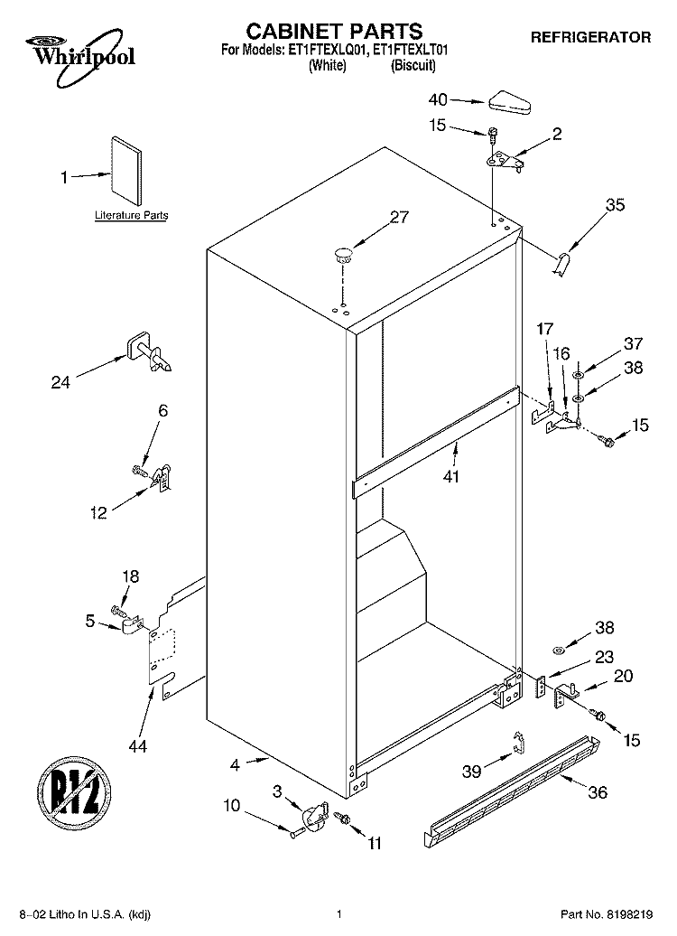 CABINET, LITERATURE Diagram and Parts List for ET1FTEXLT01  Whirlpool Refrigerator