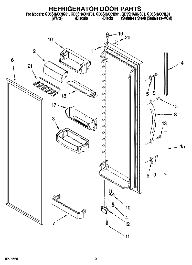 REFRIGERATOR DOOR PARTS Diagram and Parts List for GD5SHAXNT01  Whirlpool Refrigerator