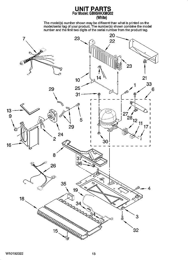 UNIT PARTS Diagram and Parts List for GB9SHKXMQ02  Whirlpool Refrigerator