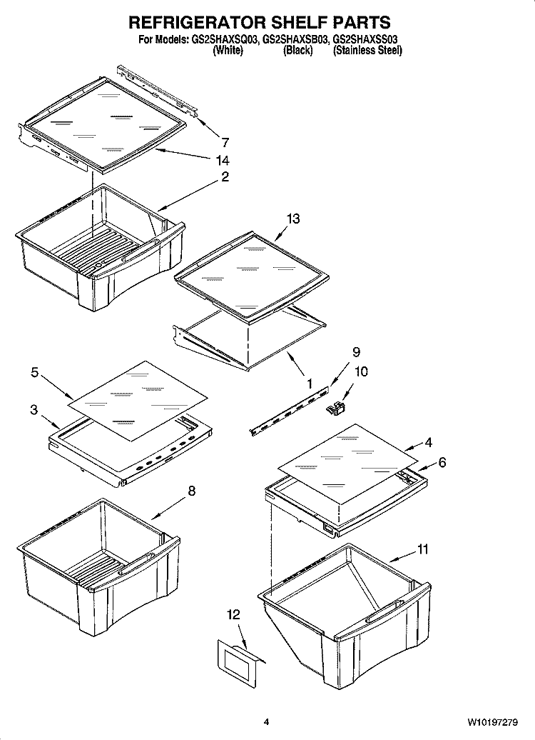 REFRIGERATOR SHELF PARTS Diagram and Parts List for GS2SHAXSB03  Whirlpool Refrigerator